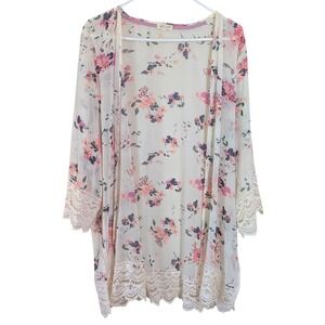 Mason & Belle Boho White Floral Sheer Chiffon Lace Kimono L